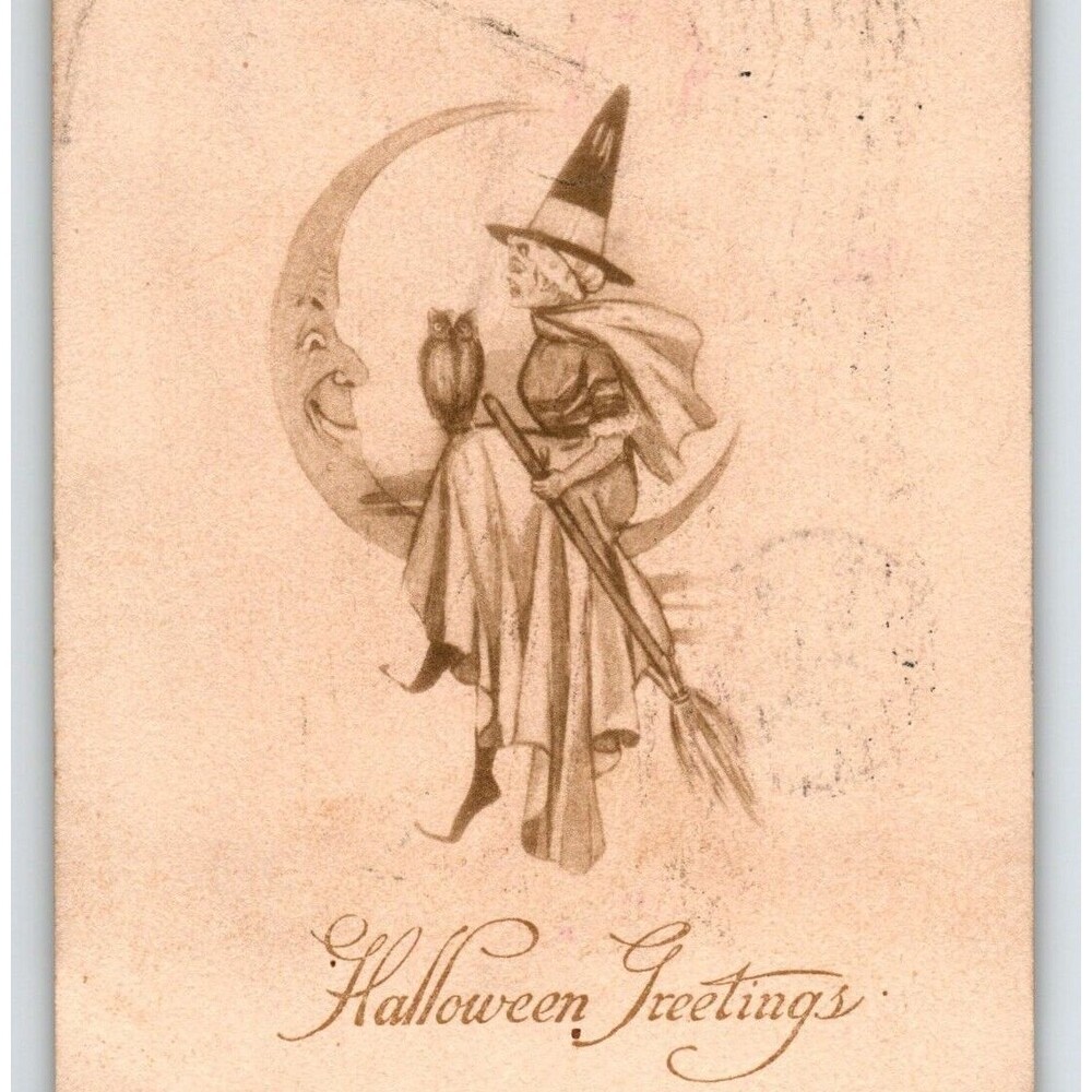Halloween Postcard Witch Owl Sitting On Crescent Moon Man Sepia 1910 Gibson